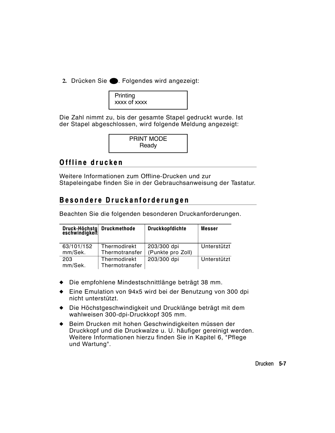 Monarch 9860 manual F l i n e d r u c k e n, S o n d e r e D r u c k a n f o r d e r u n g e n 