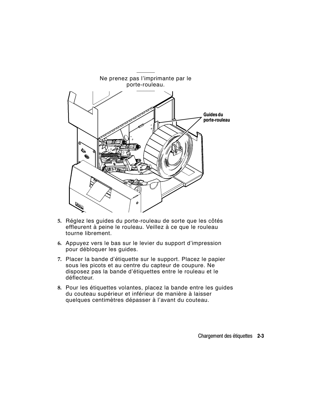 Monarch 9860 manual Ne prenez pas l’imprimante par le Porte-rouleau 