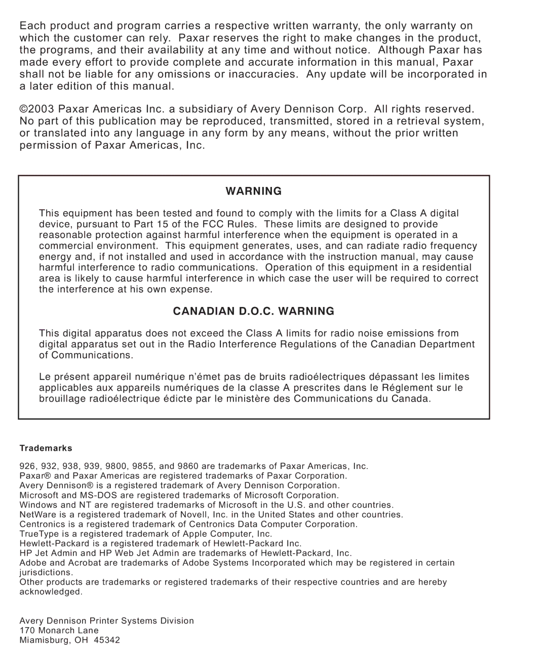 Monarch 9860 manual Canadian D.O.C. Warning 