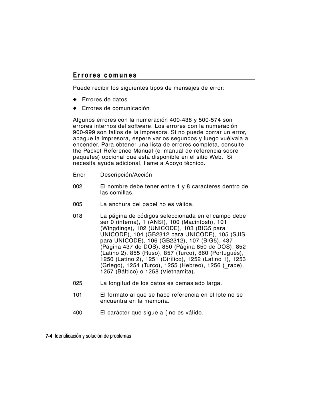 Monarch 9860 manual Error e s c o m u n e s 