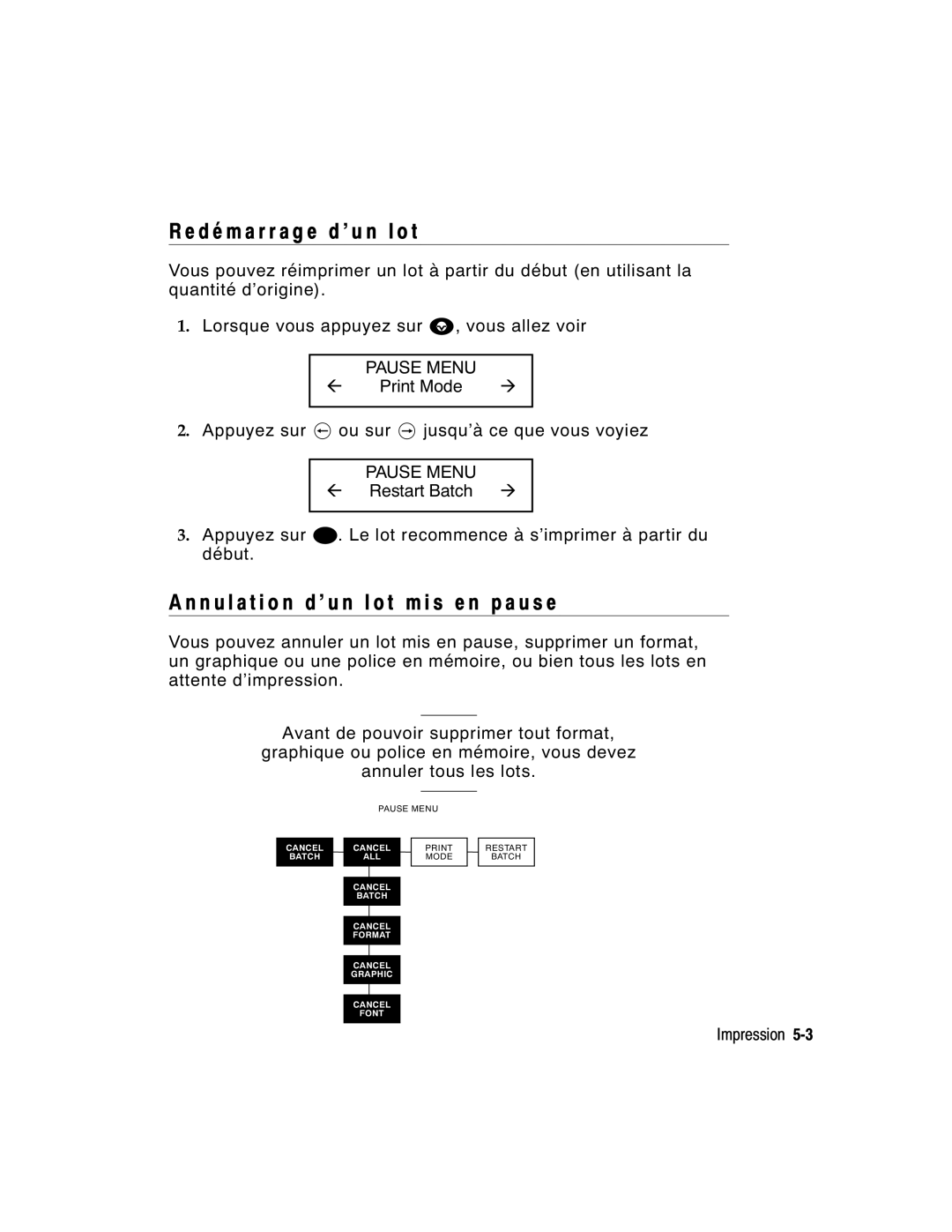 Monarch 9860 manual D é m a r r a g e d ’ u n l o t, N u l a t i o n d ’ u n l o t m i s e n p a u s e 