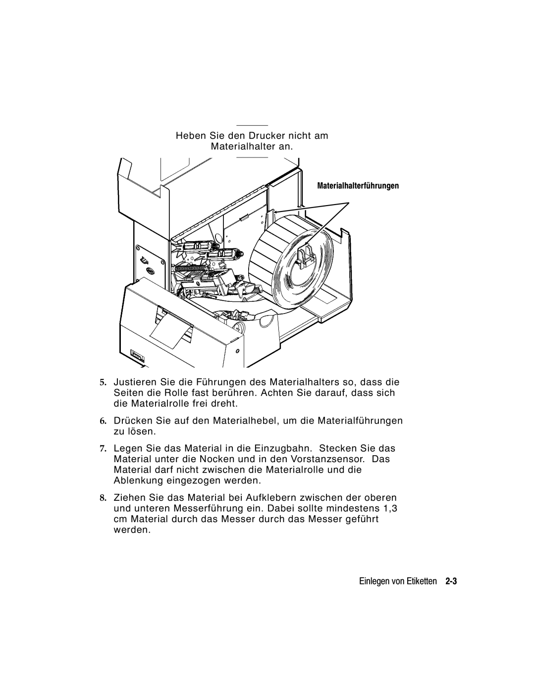 Monarch 9860 manual Heben Sie den Drucker nicht am Materialhalter an 