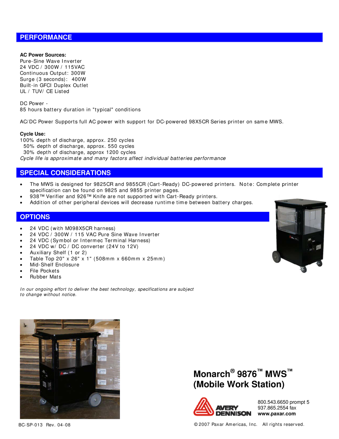 Monarch 9876 specifications Performance, Special Considerations, Options, AC Power Sources, Cycle Use 