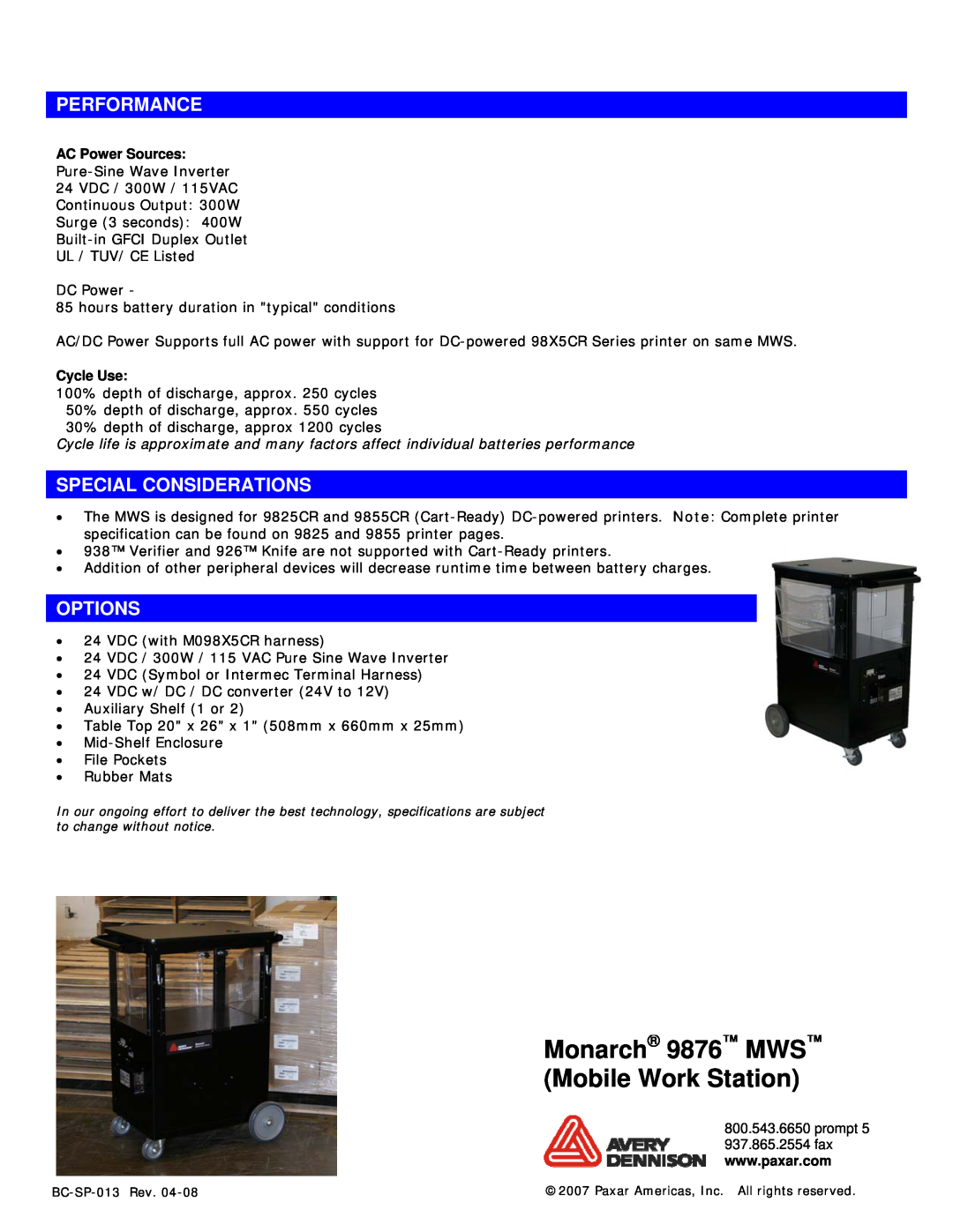 Monarch specifications Monarch 9876 MWS Mobile Work Station, Performance, Special Considerations, Options 