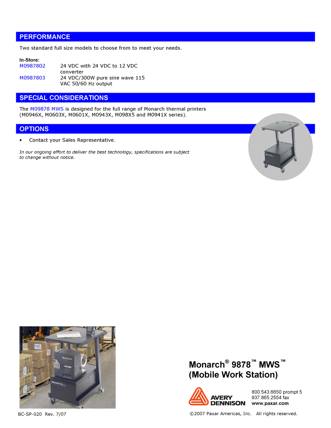 Monarch 9878 specifications Performance, Special Considerations, Options, In-Store 