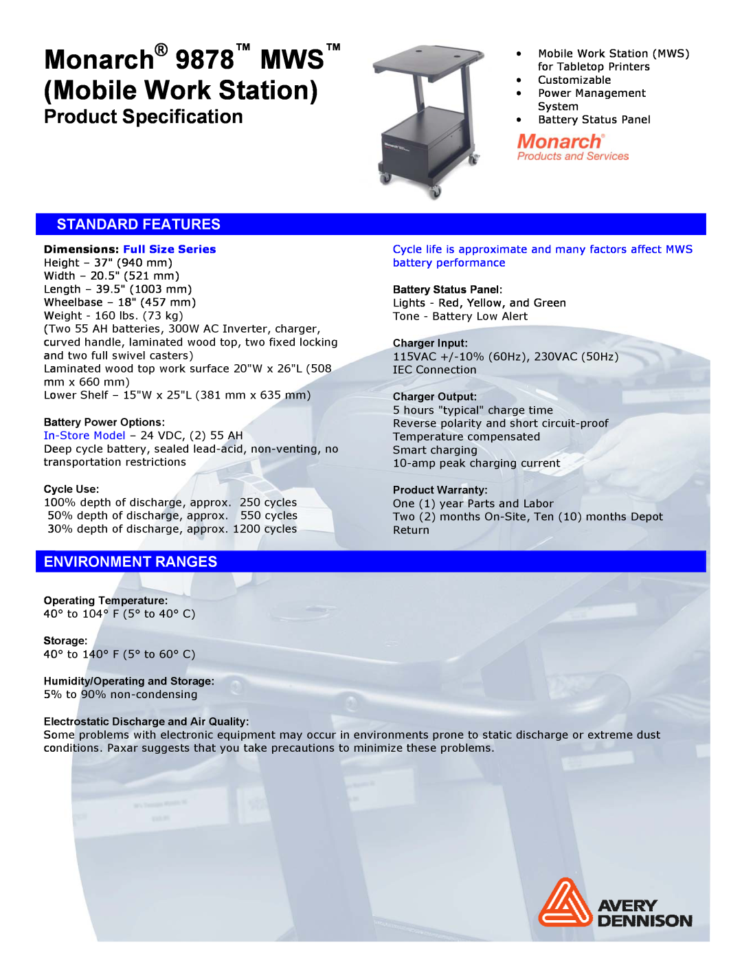 Monarch 9878 specifications Product Specification, Standard Features, Environment Ranges, Dimensions Full Size Series 