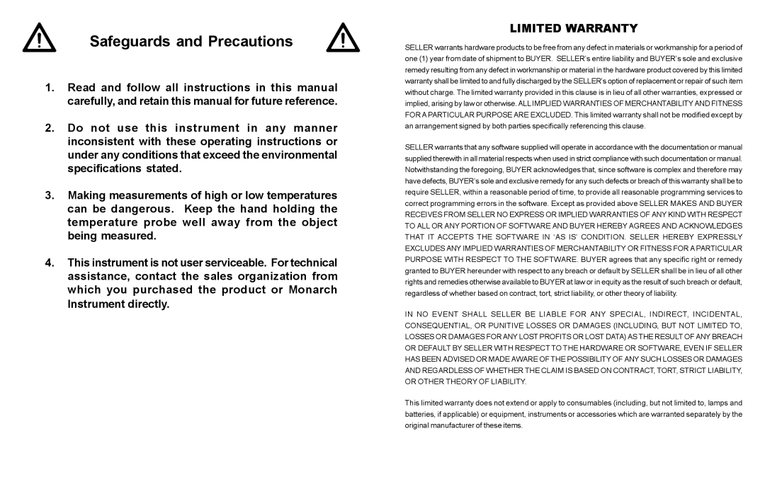 Monarch MONARCH 308 instruction manual Safeguards and Precautions, Limited Warranty 