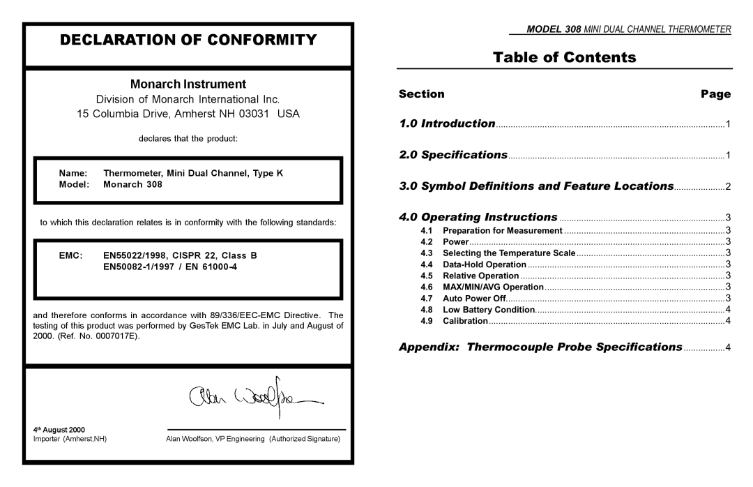 Monarch MONARCH 308 instruction manual Declaration of Conformity, Table of Contents 