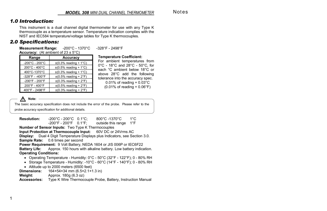 Monarch MONARCH 308 instruction manual Introduction, Specifications 