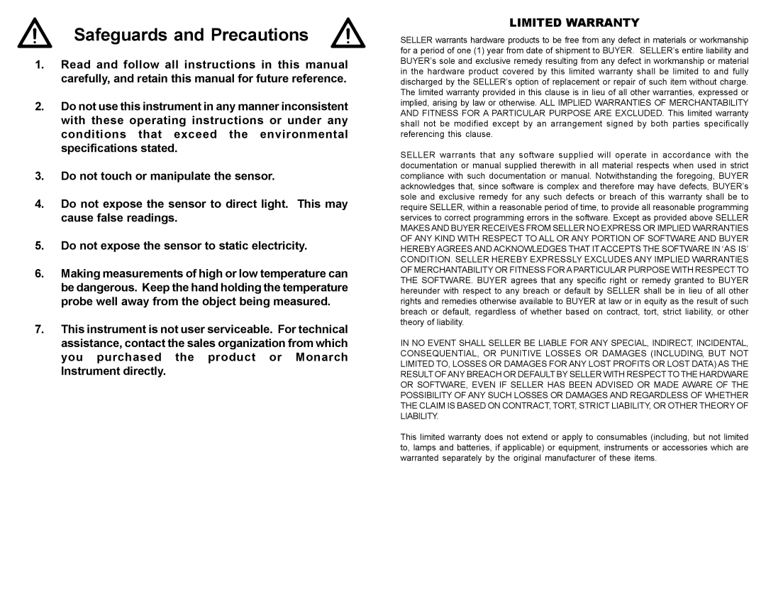 Monarch 1071-8041-210, Monarch 314 Datalogging Humidity Temperature Meter instruction manual Safeguards and Precautions 