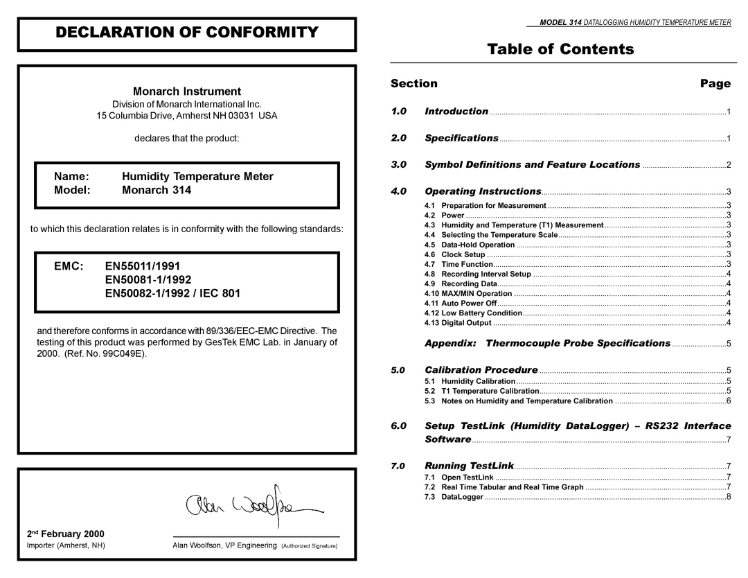 Monarch Monarch 314 Datalogging Humidity Temperature Meter, 1071-8041-210 Declaration of Conformity, Table of Contents 