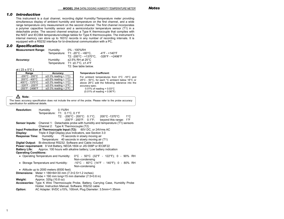 Monarch 1071-8041-210, Monarch 314 Datalogging Humidity Temperature Meter instruction manual Introduction, Specifications 