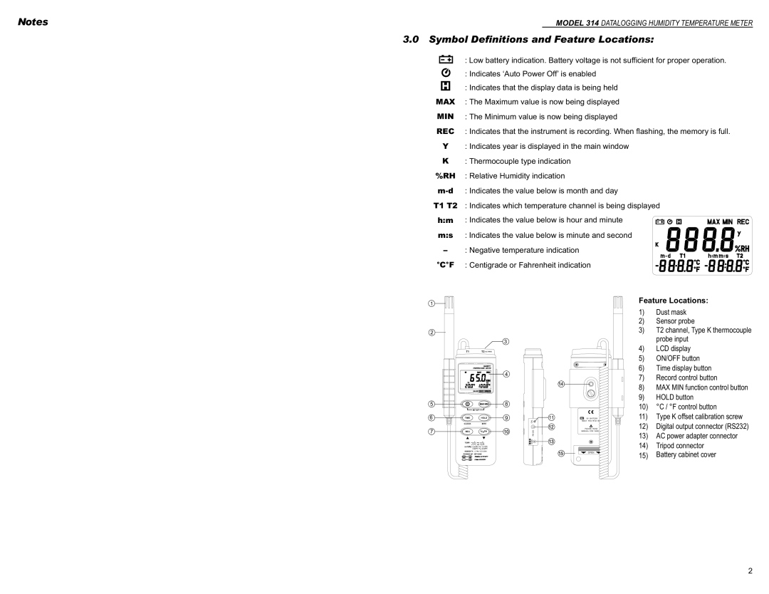 Monarch Monarch 314 Datalogging Humidity Temperature Meter Relative Humidity indication, Negative temperature indication 