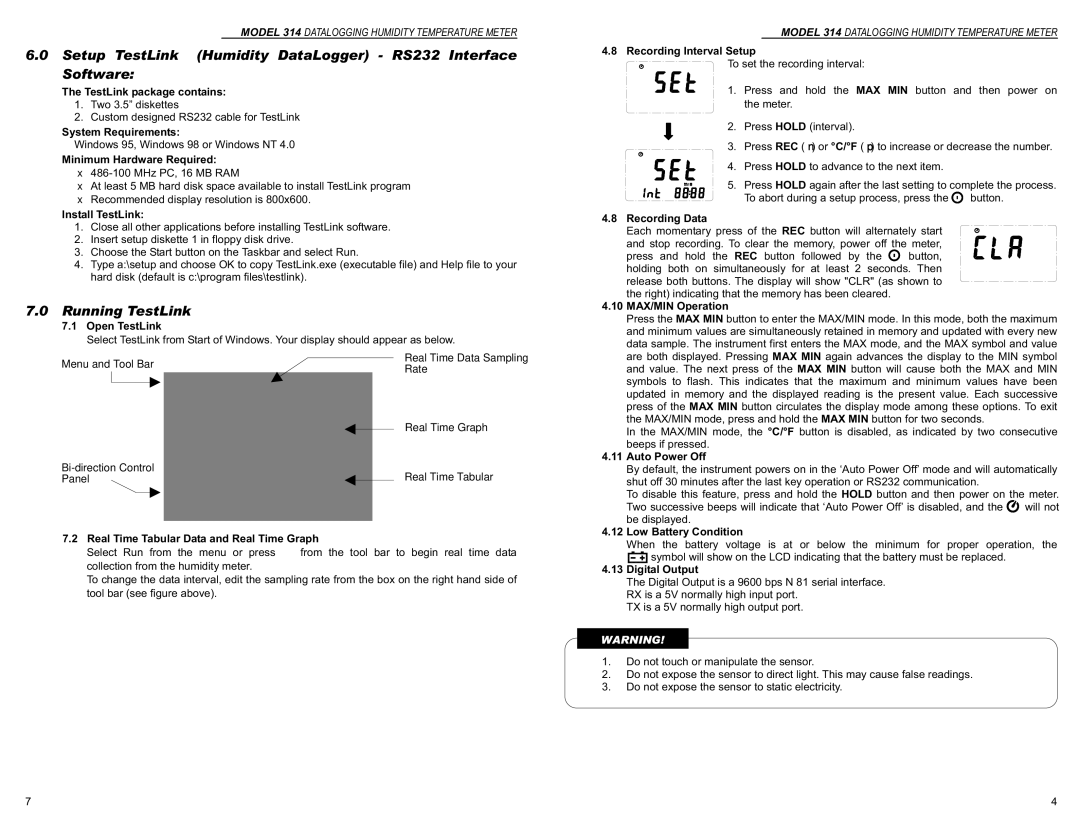 Monarch Monarch 314 Datalogging Humidity Temperature Meter Setup TestLink Humidity DataLogger RS232 Interface Software 
