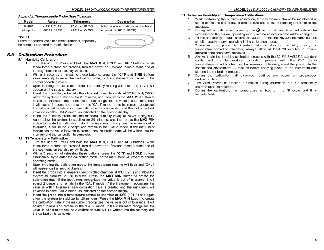 Monarch 1071-8041-210 Calibration Procedure, Model Range Tolerances Description, TP-K01, Humidity Calibration 