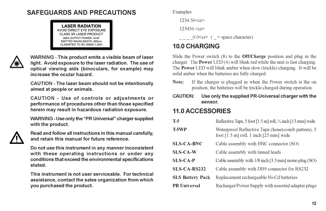 Monarch SLS-115/230 Safeguards and Precautions, Charging, Accessories, Examples 1234.56cr 123456.cr 0cr = space character 