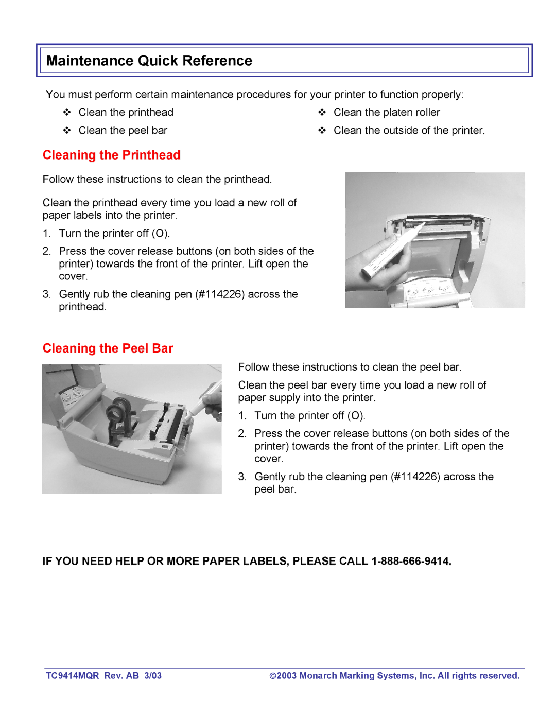 Monarch TC9414MQR manual Maintenance Quick Reference, Cleaning the Printhead, Cleaning the Peel Bar 