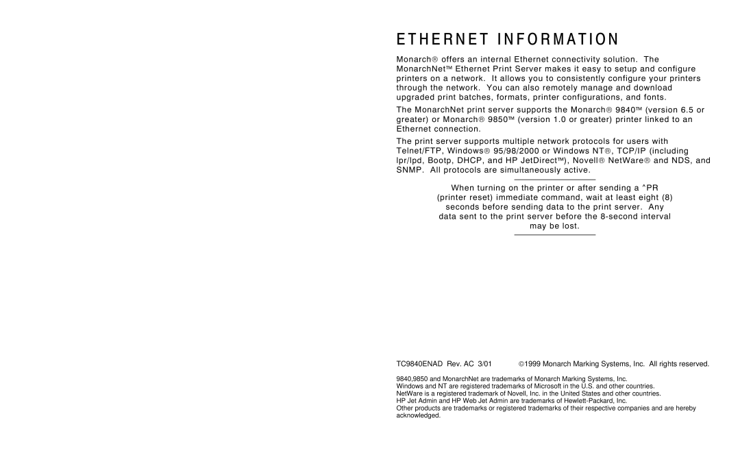 Monarch TC9840ENAD manual H E R N E T I N F O R M a T I O N 
