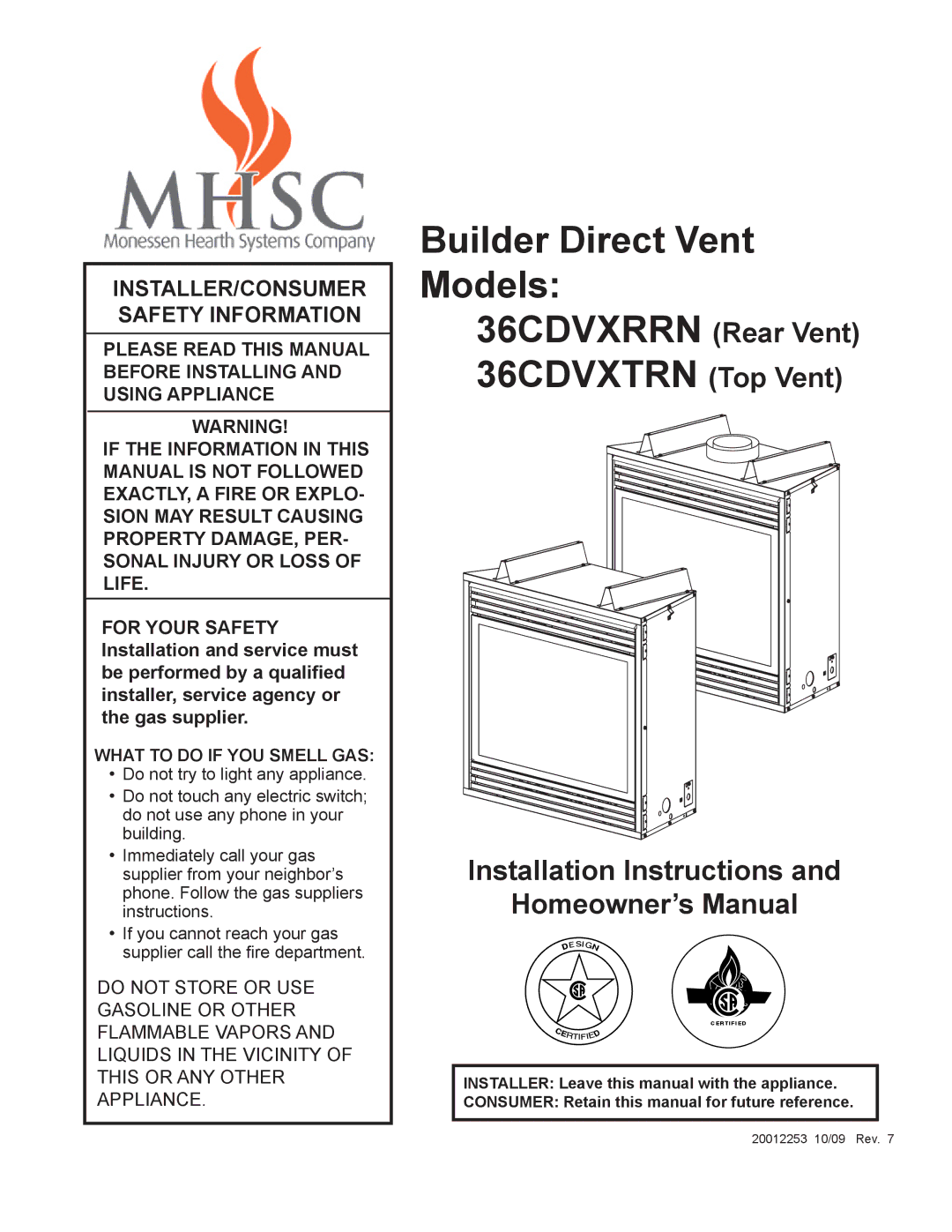 Monessen Hearth 36CDVXTRN installation instructions Builder Direct Vent Models 