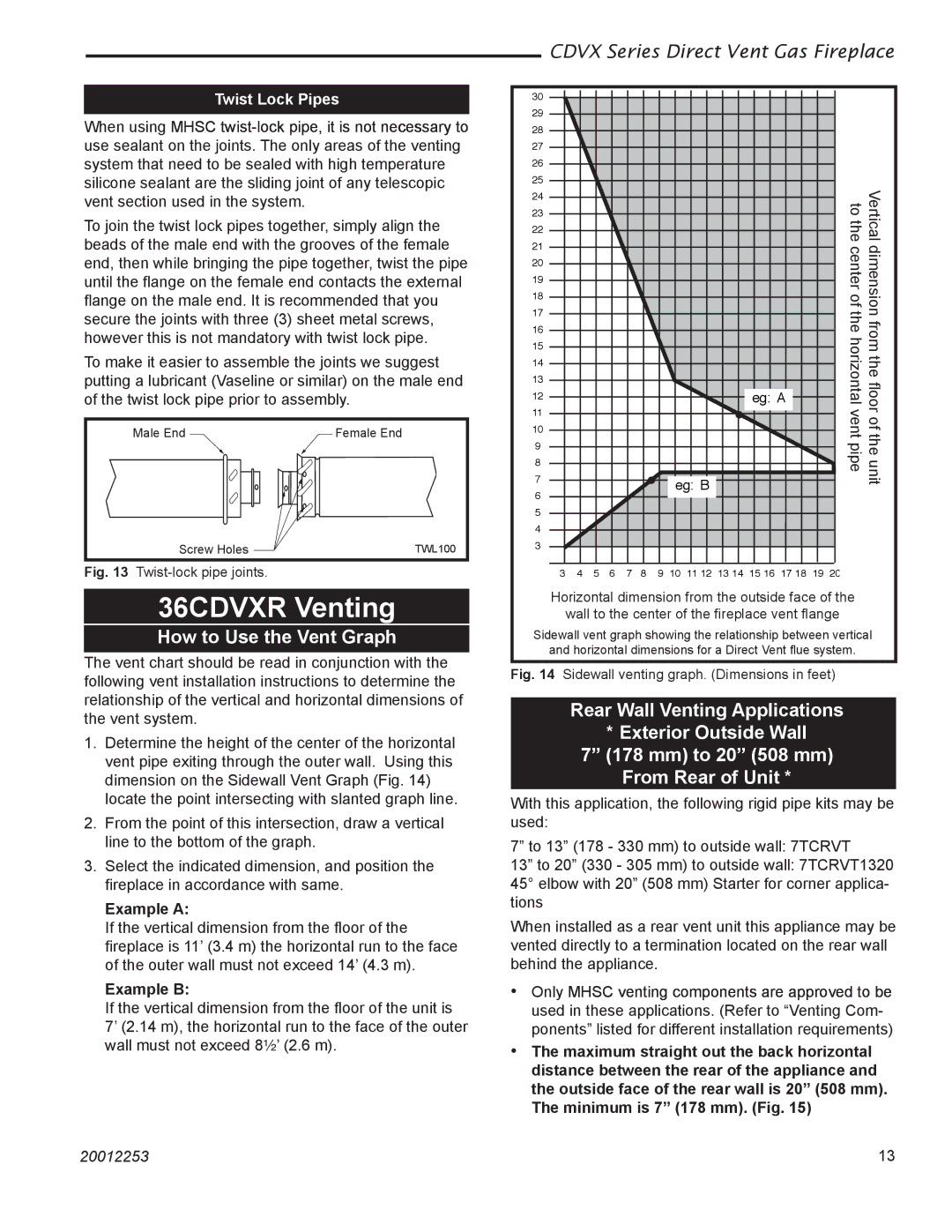 Monessen Hearth 36CDVXTRN installation instructions 36CDVXR Venting, How to Use the Vent Graph, Example a, Example B 