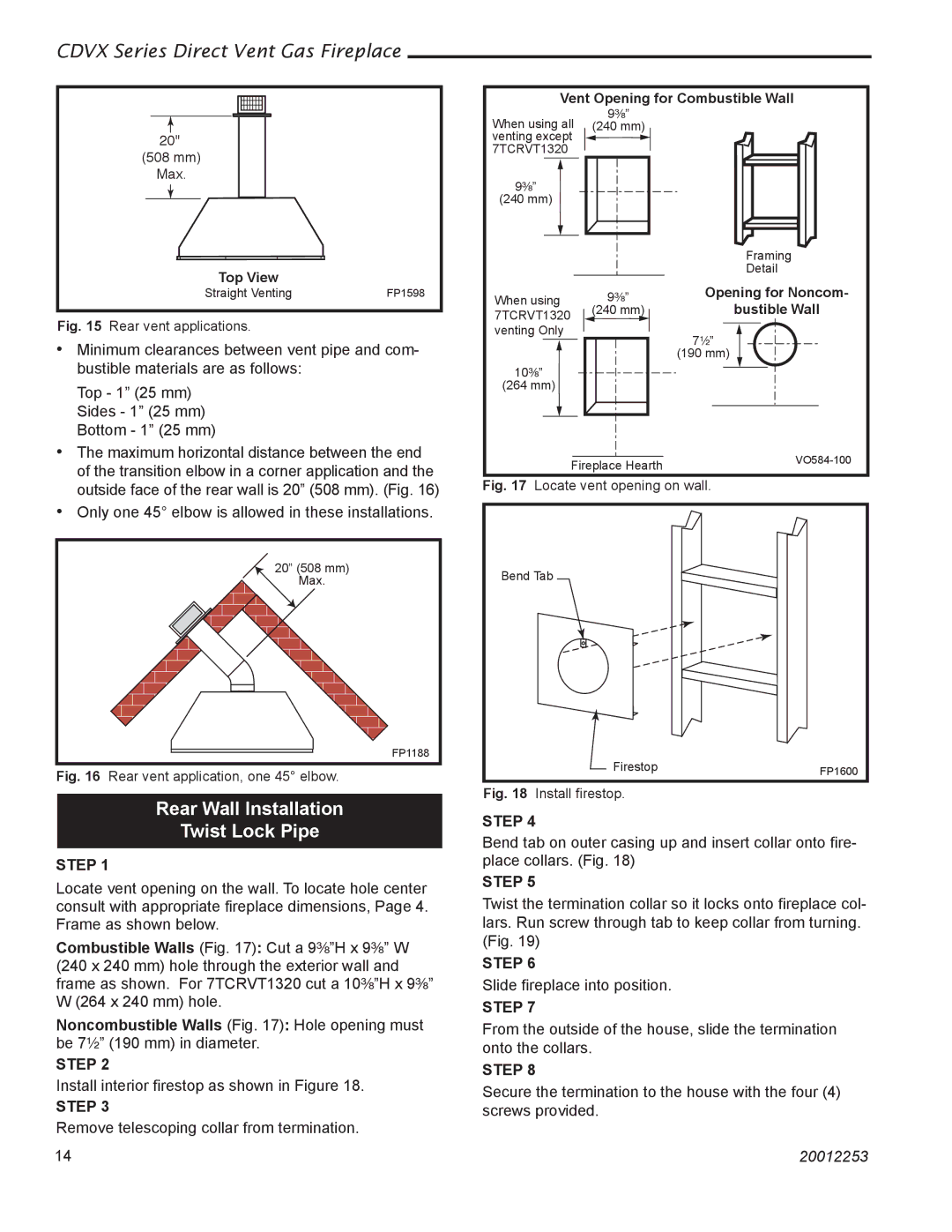 Monessen Hearth 36CDVXTRN installation instructions Rear Wall Installation Twist Lock Pipe, Step 