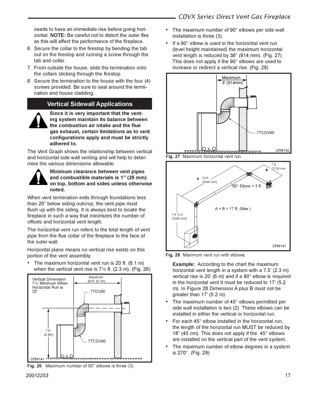 Monessen Hearth 36CDVXTRN installation instructions Vertical Sidewall Applications, Maximum number of 90 elbows is three 