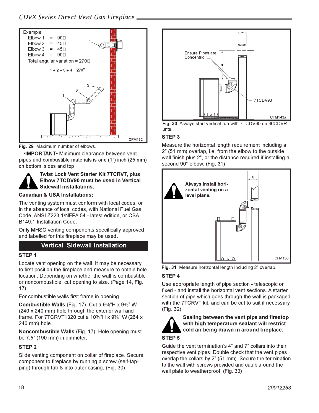 Monessen Hearth 36CDVXTRN installation instructions Vertical Sidewall Installation, Maximum number of elbows 