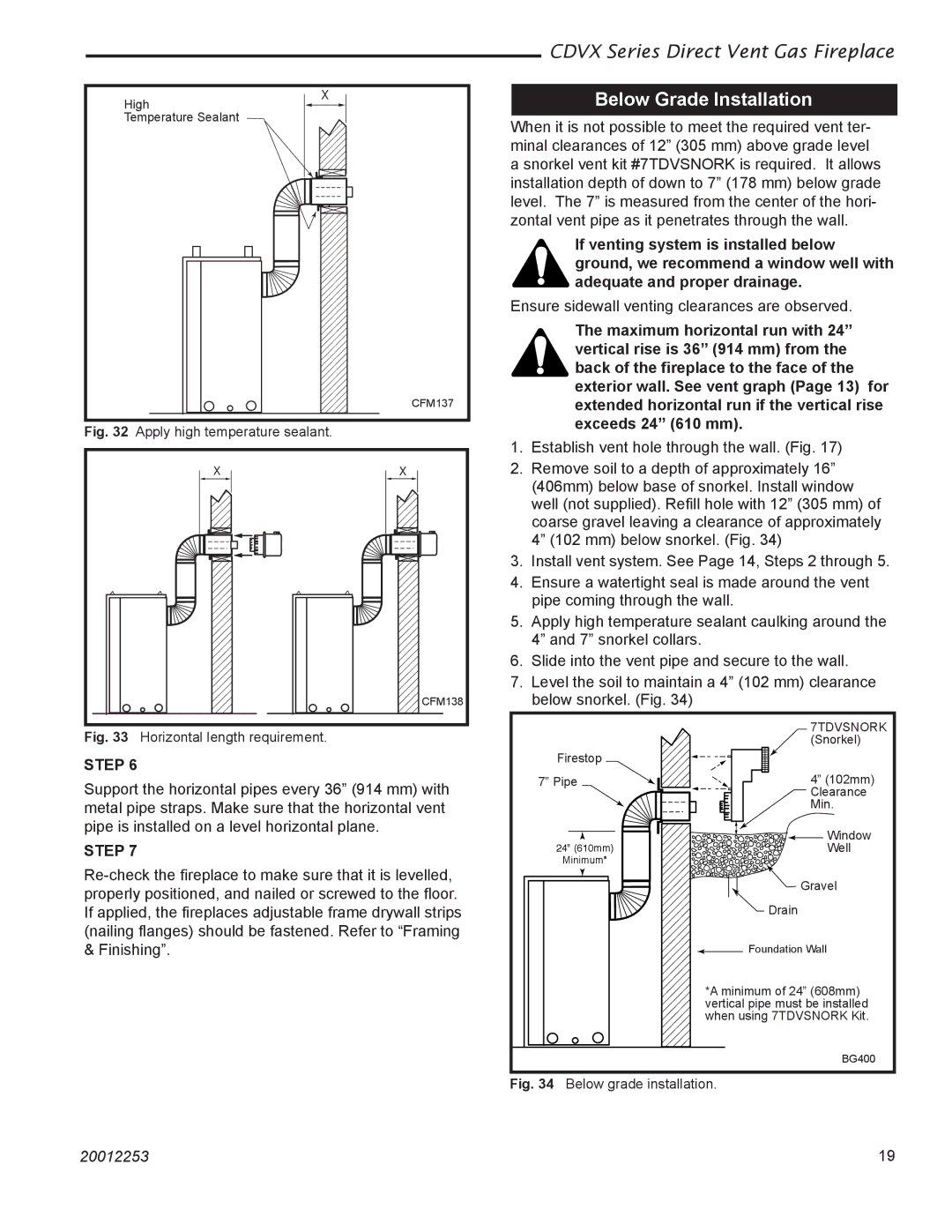 Monessen Hearth 36CDVXTRN installation instructions Below Grade Installation, 7TDVSNORK 