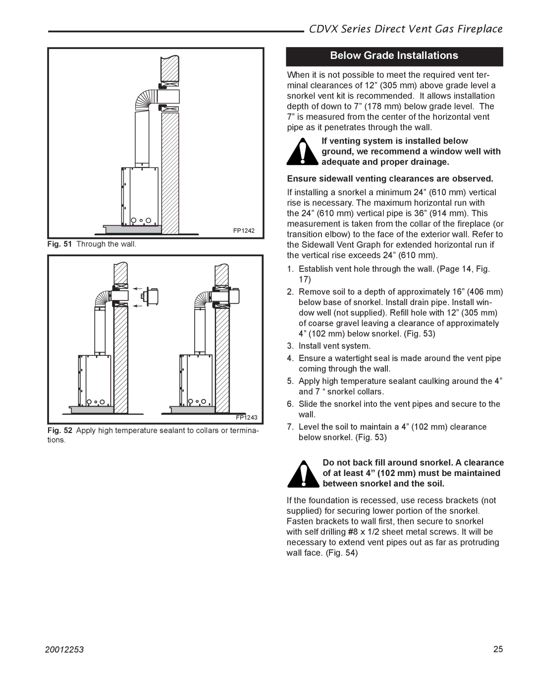 Monessen Hearth 36CDVXTRN Below Grade Installations, Apply high temperature sealant to collars or termina- tions 