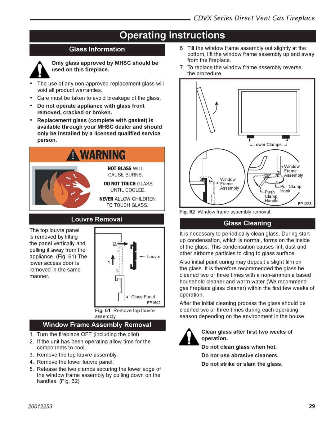 Monessen Hearth 36CDVXTRN Operating Instructions, Glass Information, Louvre Removal, Glass Cleaning 