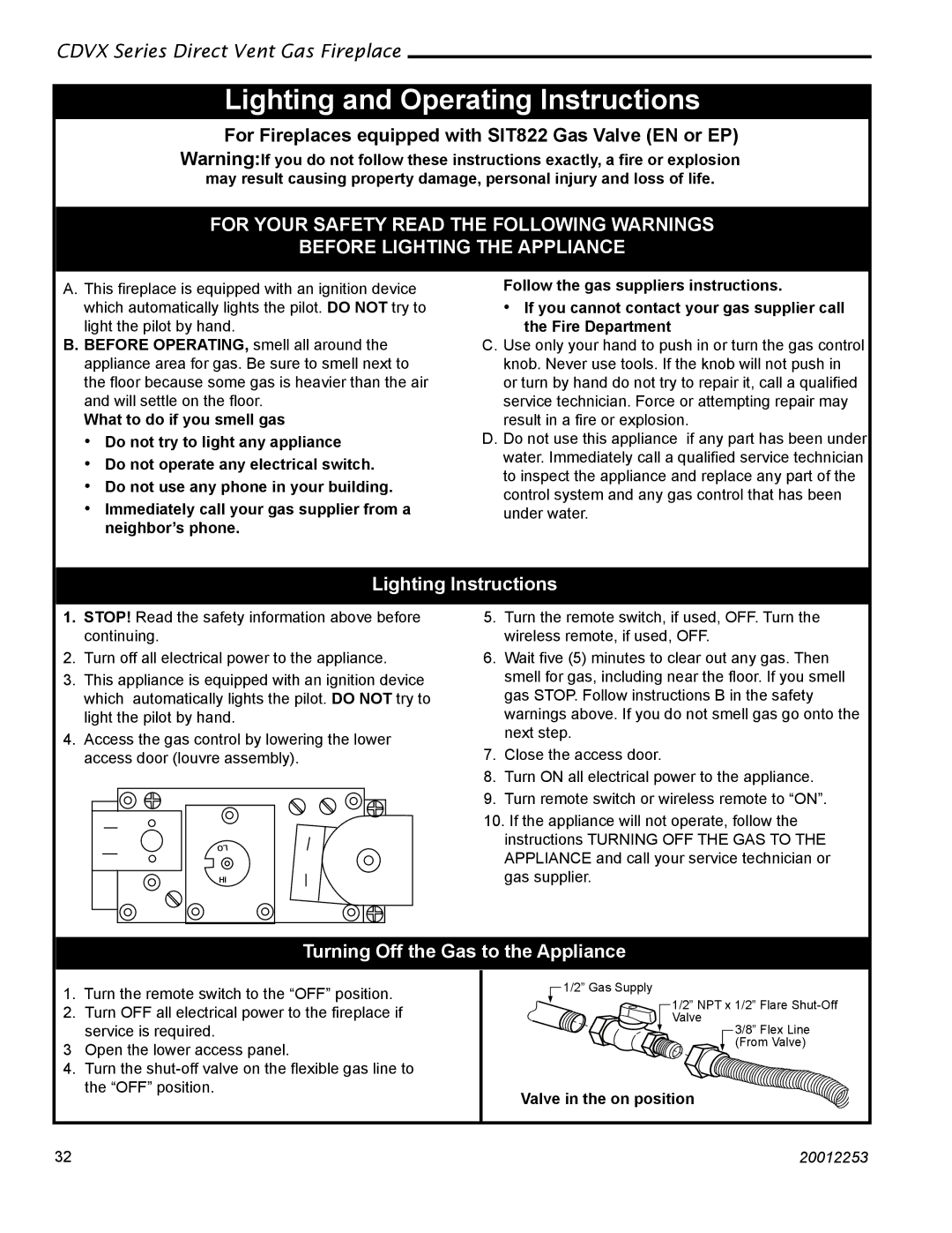 Monessen Hearth 36CDVXTRN Lighting Instructions, Turning Off the Gas to the Appliance, Valve in the on position 