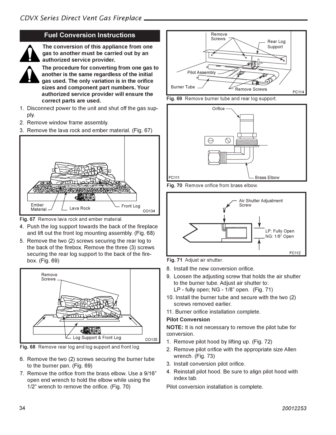 Monessen Hearth 36CDVXTRN installation instructions Fuel Conversion Instructions, Pilot Conversion 