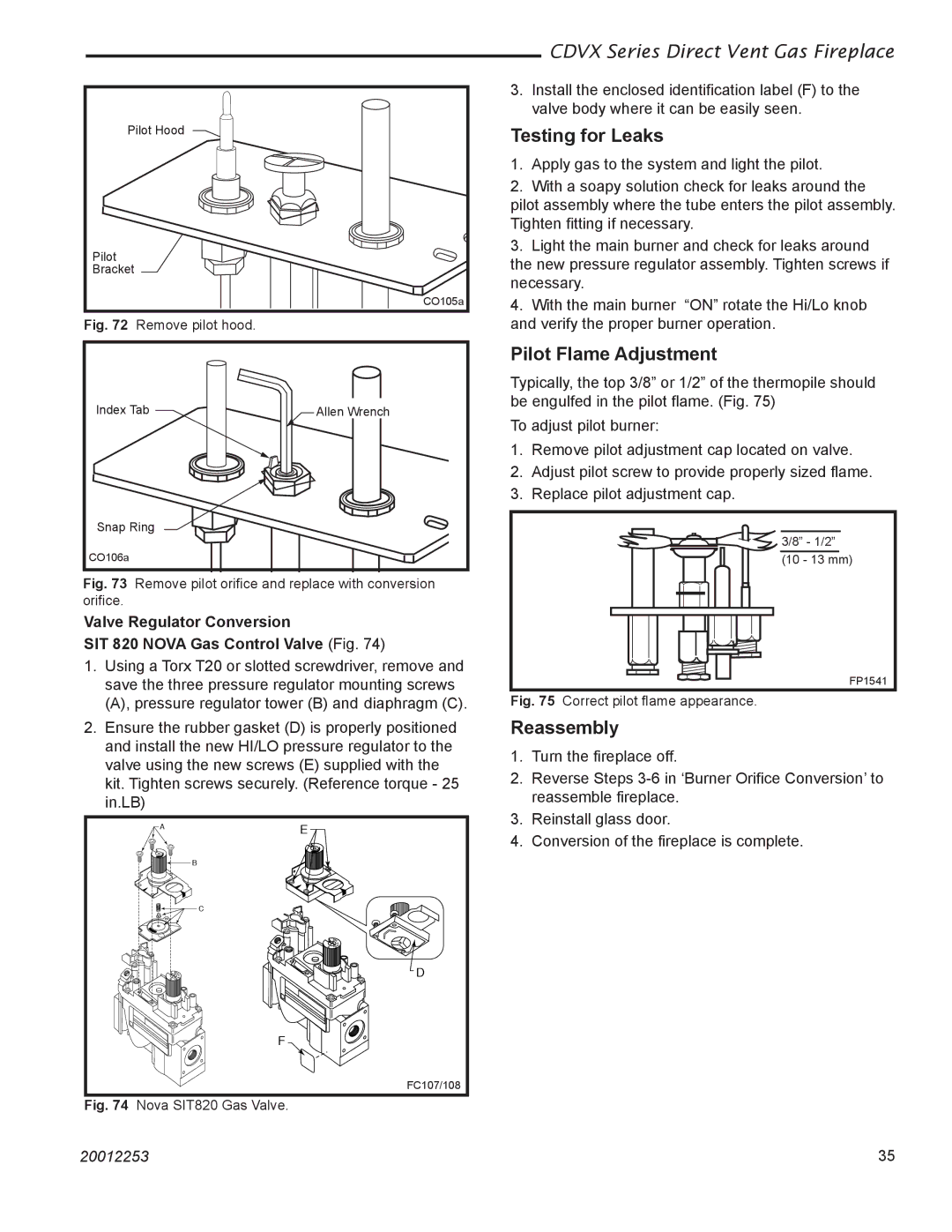 Monessen Hearth 36CDVXTRN installation instructions Testing for Leaks, Pilot Flame Adjustment, Reassembly 