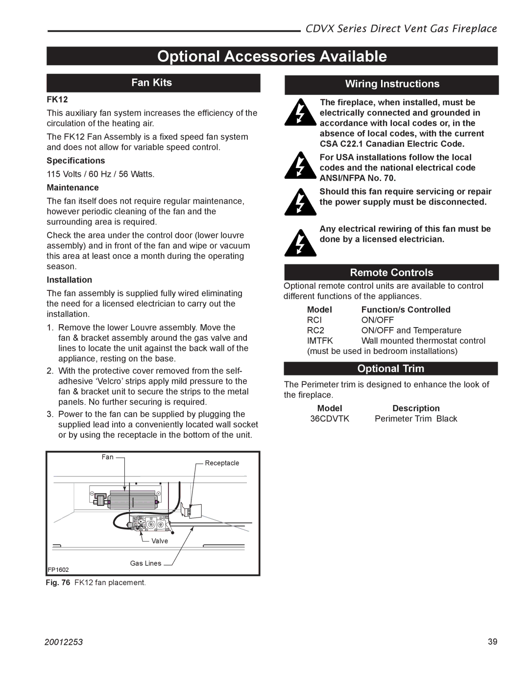 Monessen Hearth 36CDVXTRN Optional Accessories Available, Fan Kits, Wiring Instructions, Remote Controls, Optional Trim 