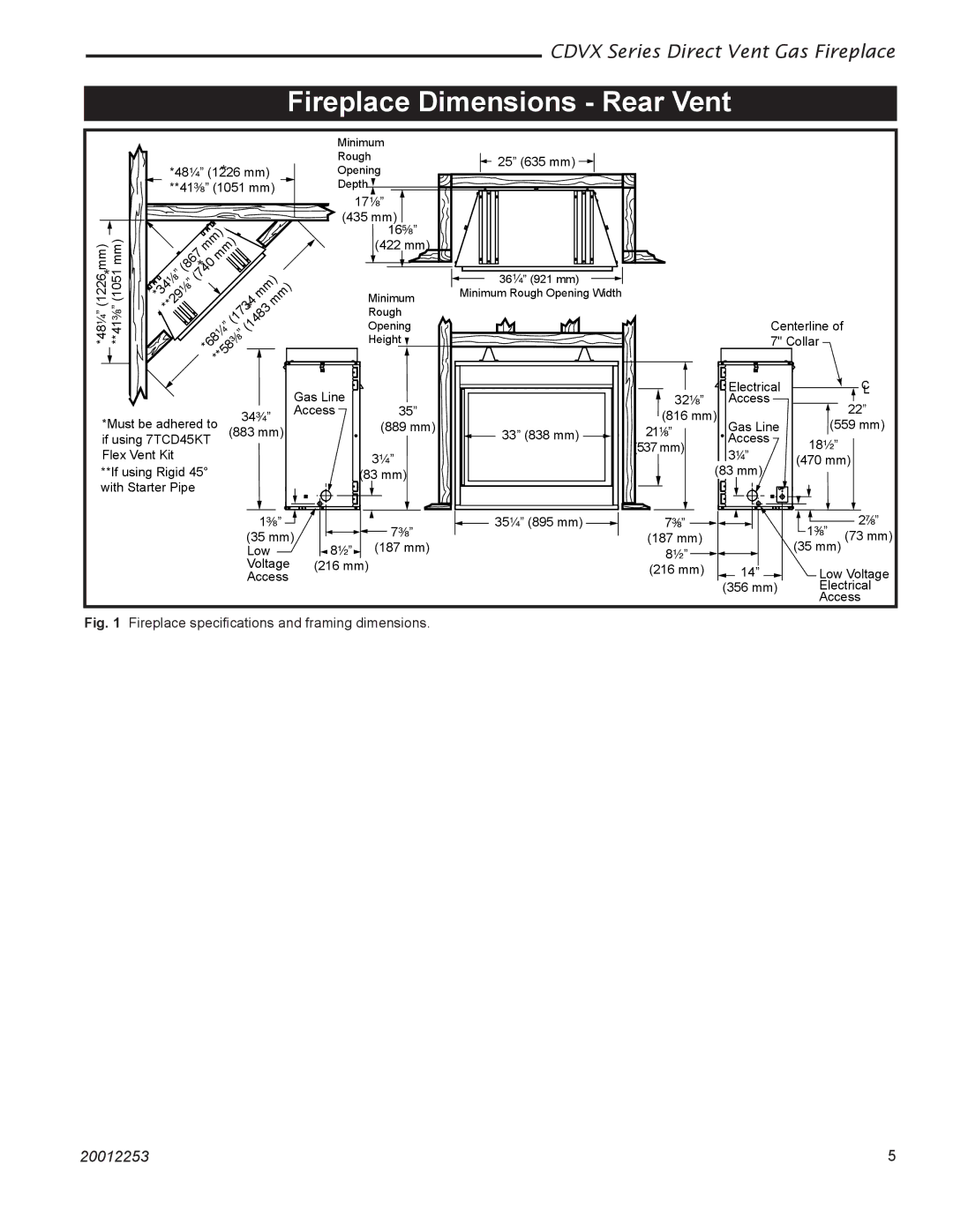 Monessen Hearth 36CDVXTRN Fireplace Dimensions Rear Vent, Fireplace specifications and framing dimensions 