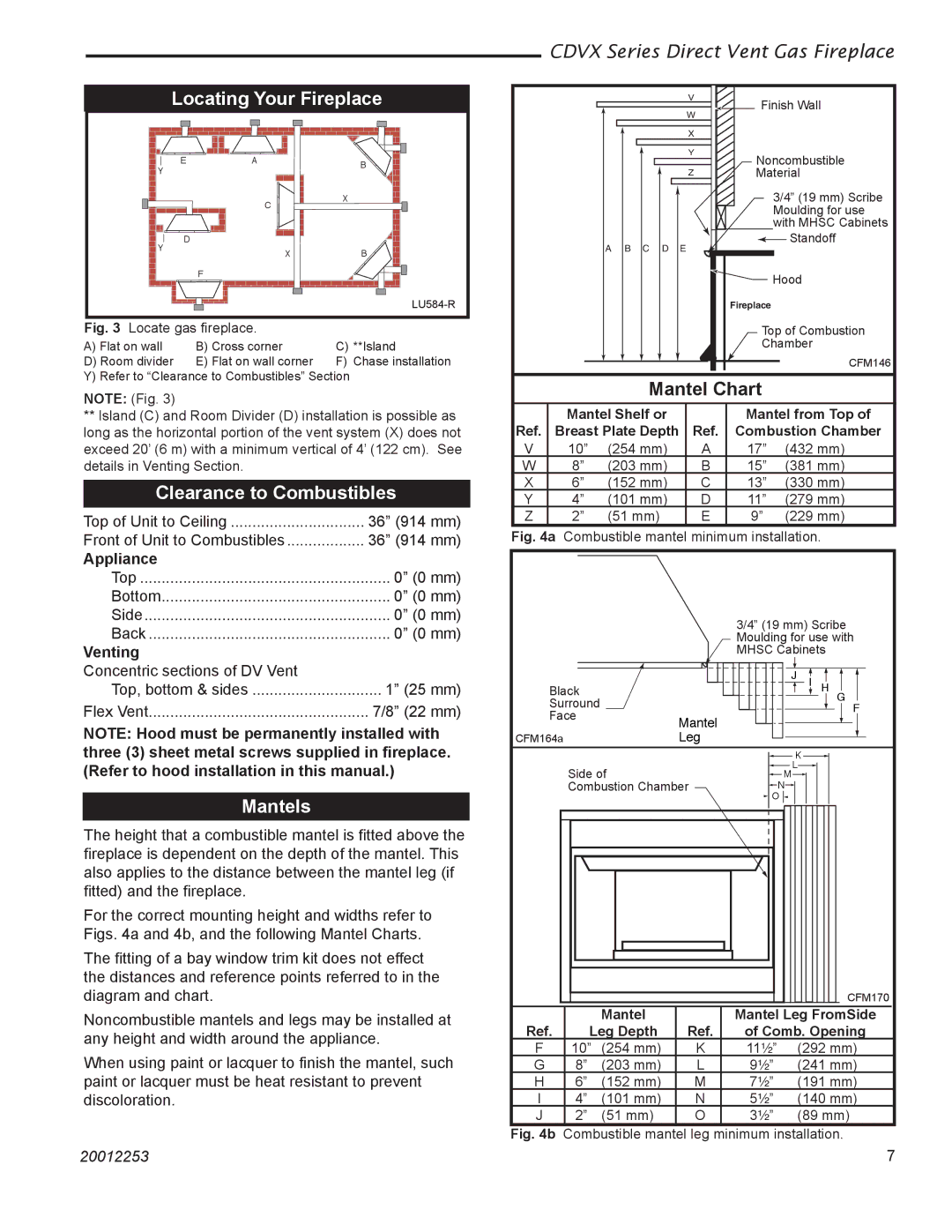 Monessen Hearth 36CDVXTRN Locating Your Fireplace, Clearance to Combustibles, Mantels, Mantel Chart 