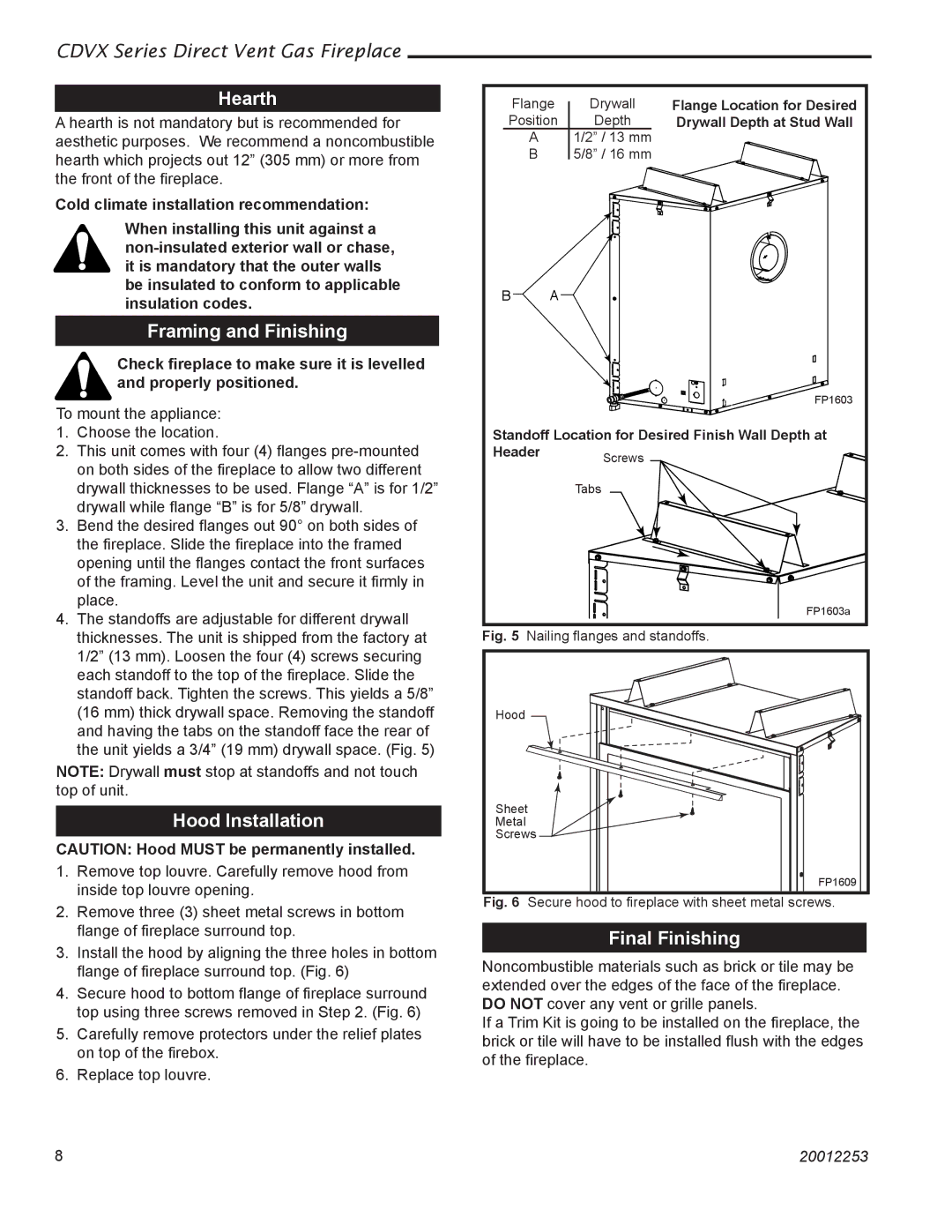 Monessen Hearth 36CDVXTRN installation instructions Hearth, Framing and Finishing, Hood Installation, Final Finishing 