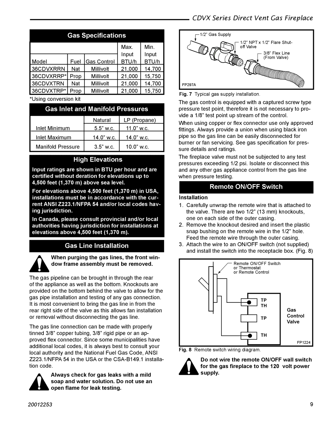 Monessen Hearth 36CDVXTRN Gas Specifications, Gas Inlet and Manifold Pressures, High Elevations, Gas Line Installation 