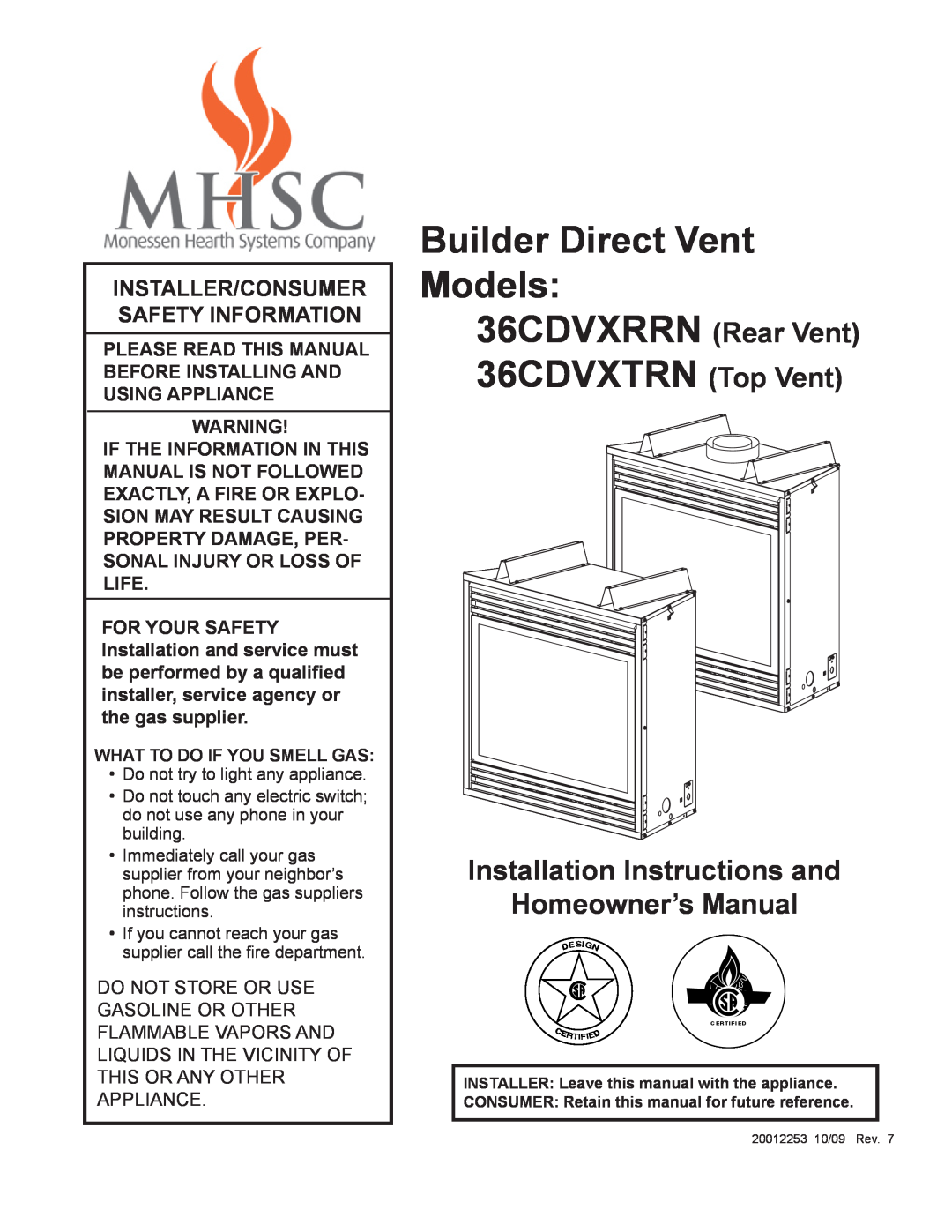 Monessen Hearth installation instructions Builder Direct Vent Models, 36CDVXTRN Top Vent, 36CDVXRRN Rear Vent 