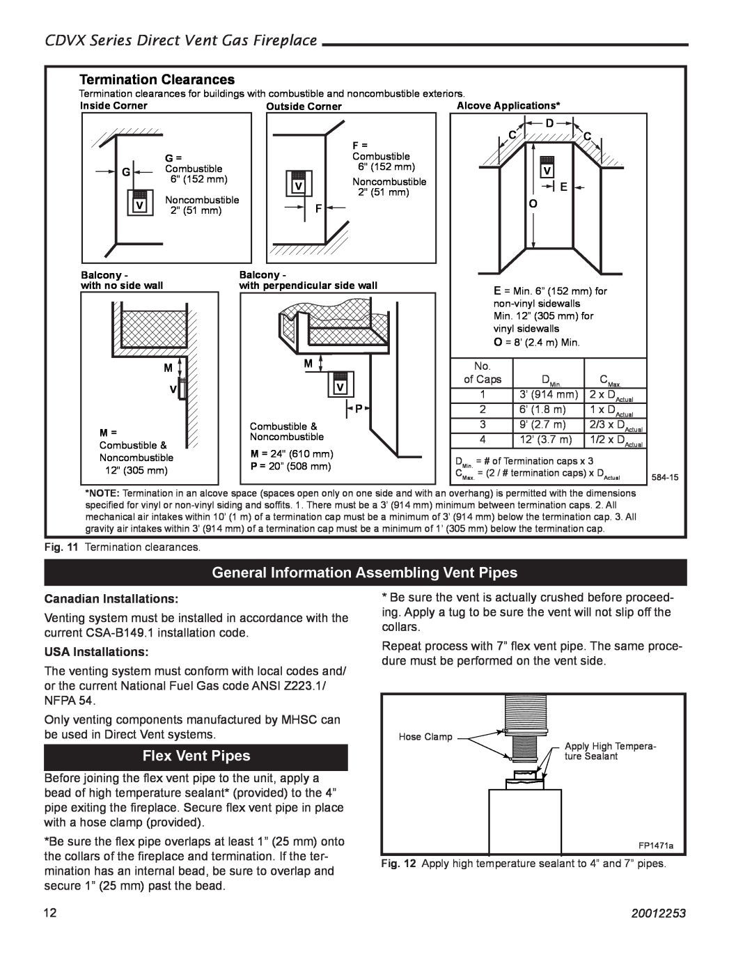 Monessen Hearth 36CDVXTRN General Information Assembling Vent Pipes, Flex Vent Pipes, Termination Clearances, 20012253 