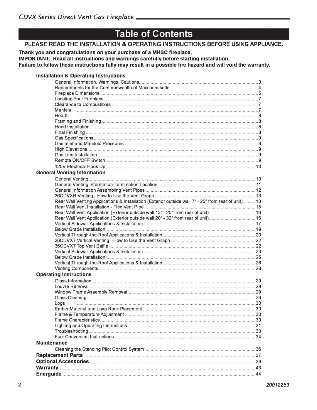 Monessen Hearth 36CDVXTRN installation instructions Table of Contents, CDVX Series Direct Vent Gas Fireplace, 20012253 