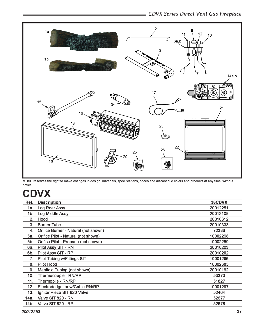 Monessen Hearth 36CDVXTRN installation instructions Cdvx, CDVX Series Direct Vent Gas Fireplace, Description, 20012253 