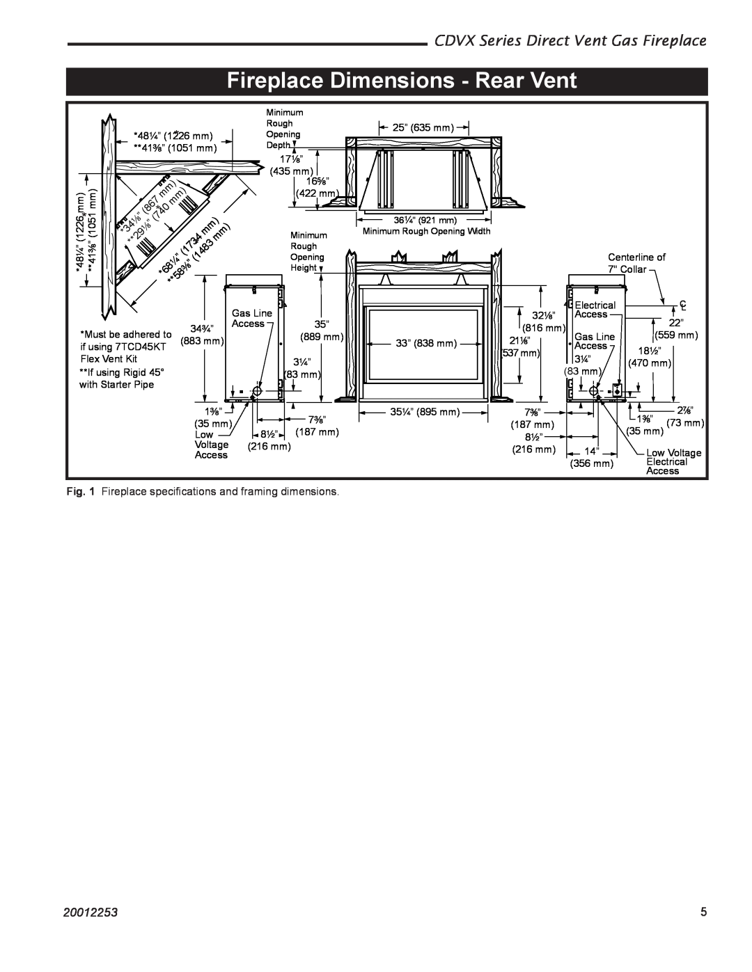 Monessen Hearth 36CDVXTRN Fireplace Dimensions - Rear Vent, CDVX Series Direct Vent Gas Fireplace, 20012253 