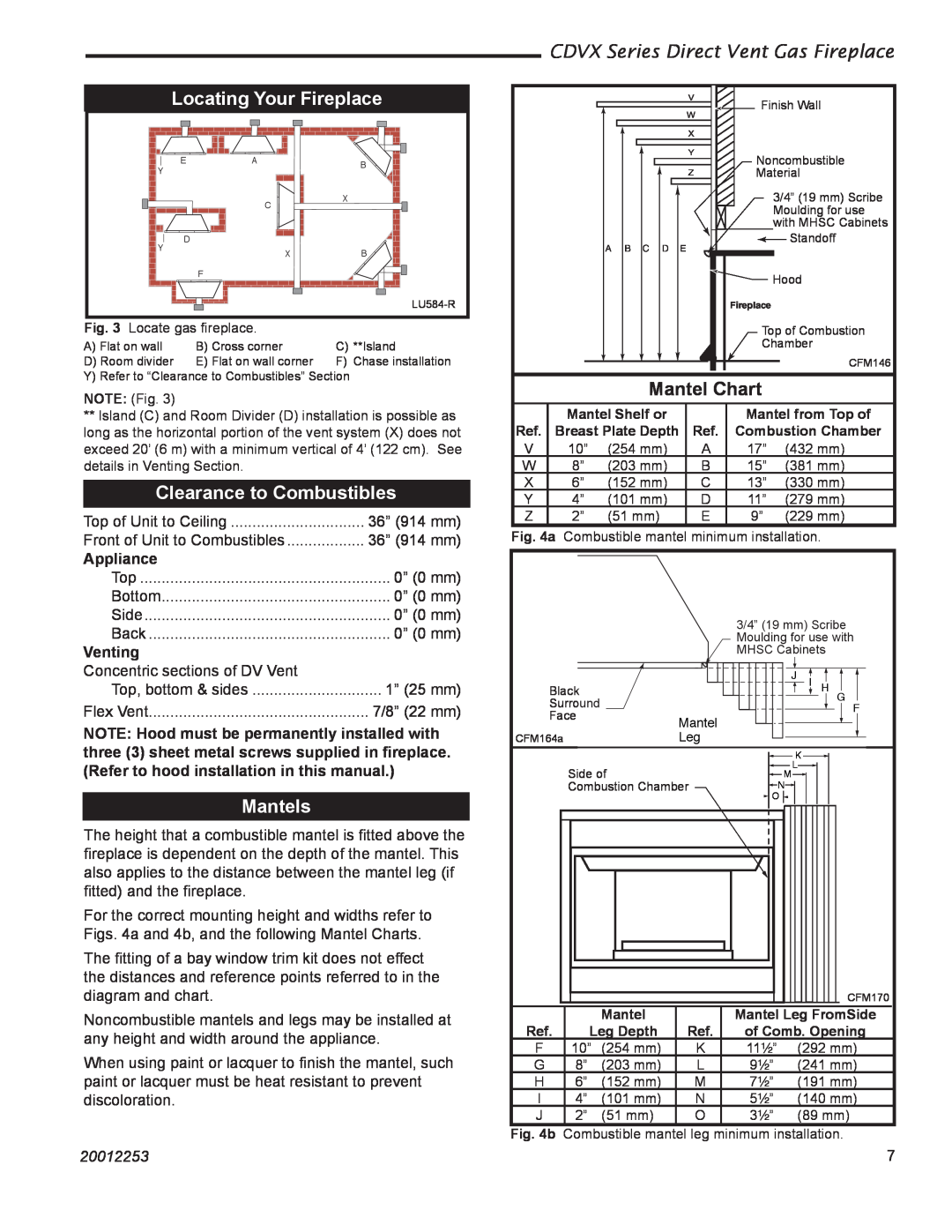 Monessen Hearth 36CDVXTRN installation instructions Locating Your Fireplace, Clearance to Combustibles, Mantels, 20012253 