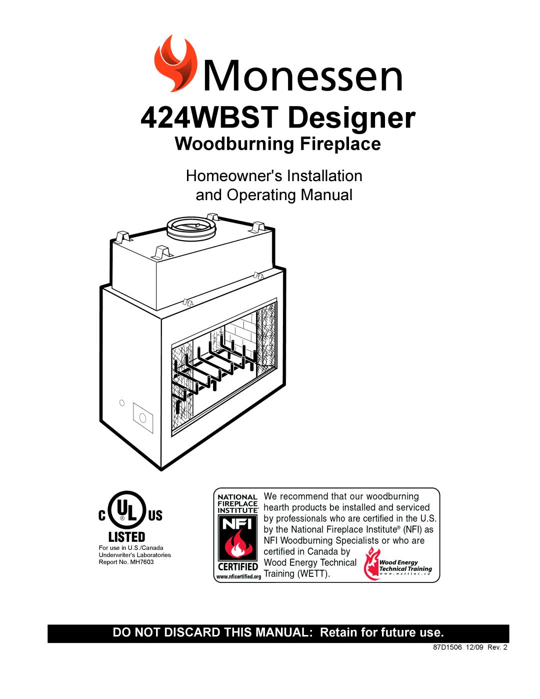 Monessen Hearth manual 424WBST Designer 