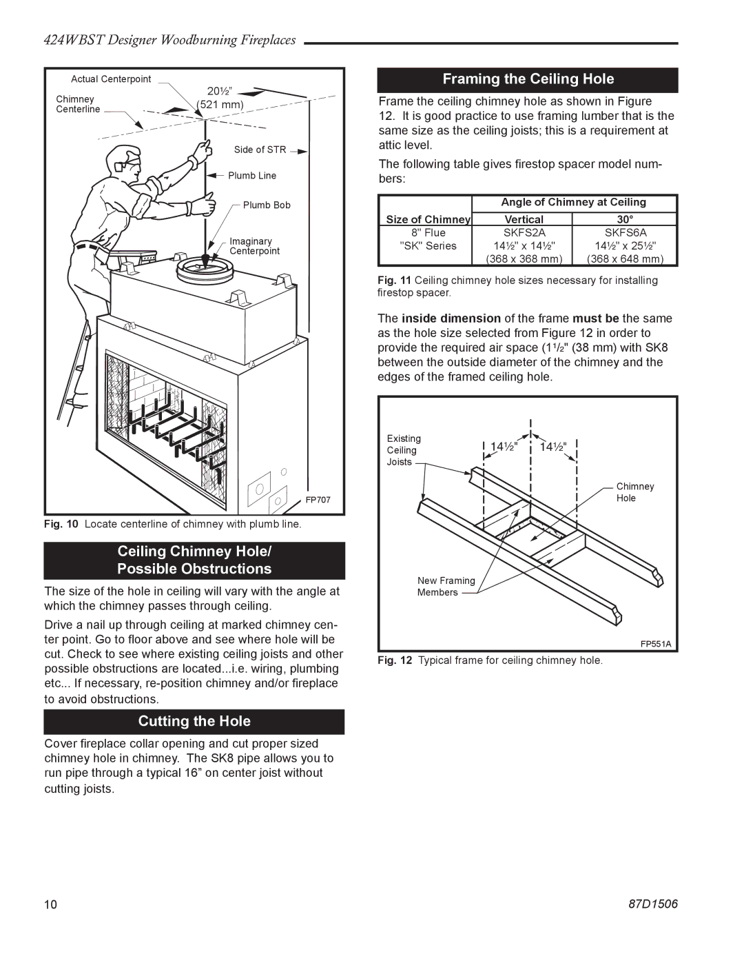 Monessen Hearth 424WBST manual Ceiling Chimney Hole Possible Obstructions, Cutting the Hole, Framing the Ceiling Hole 