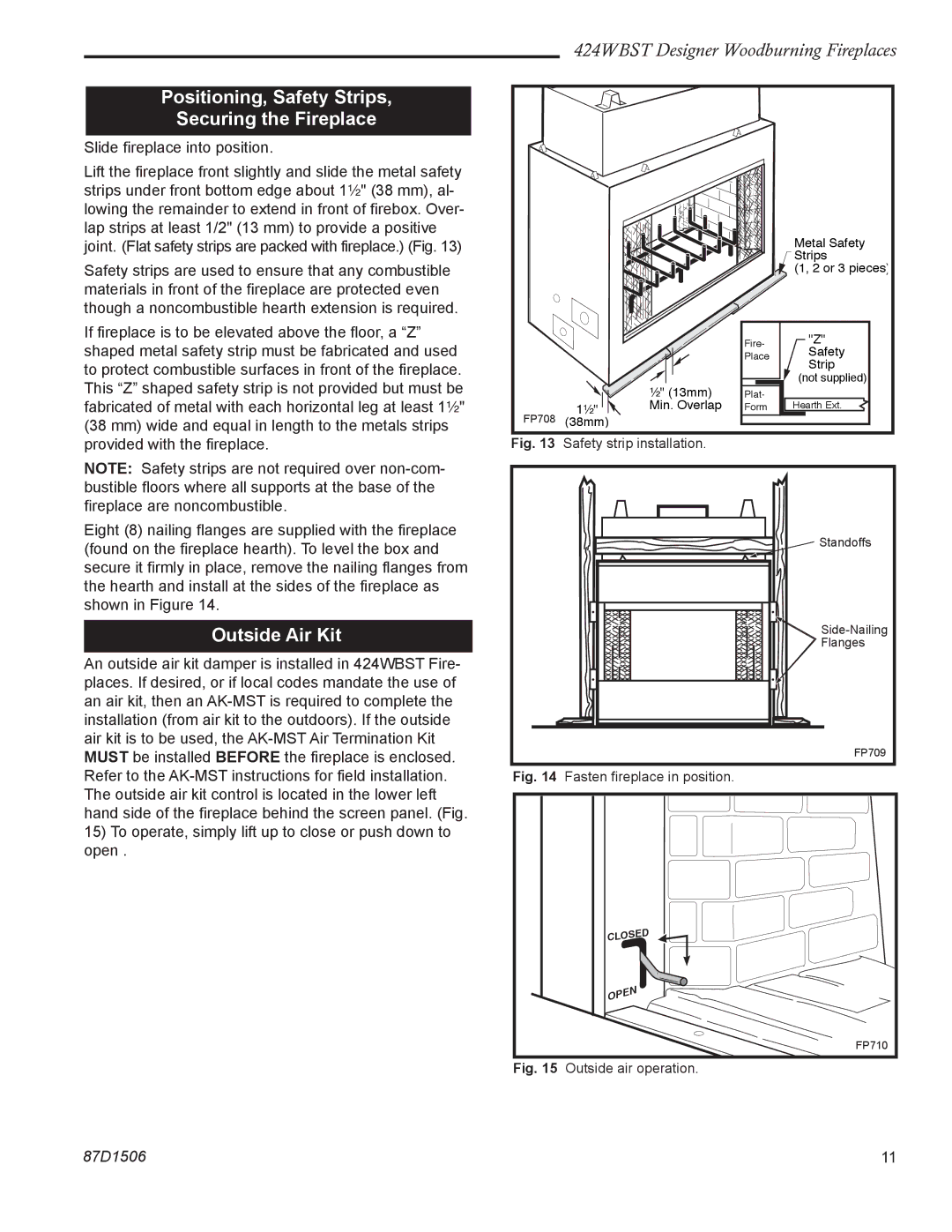 Monessen Hearth 424WBST manual Positioning, Safety Strips Securing the Fireplace, Outside Air Kit 