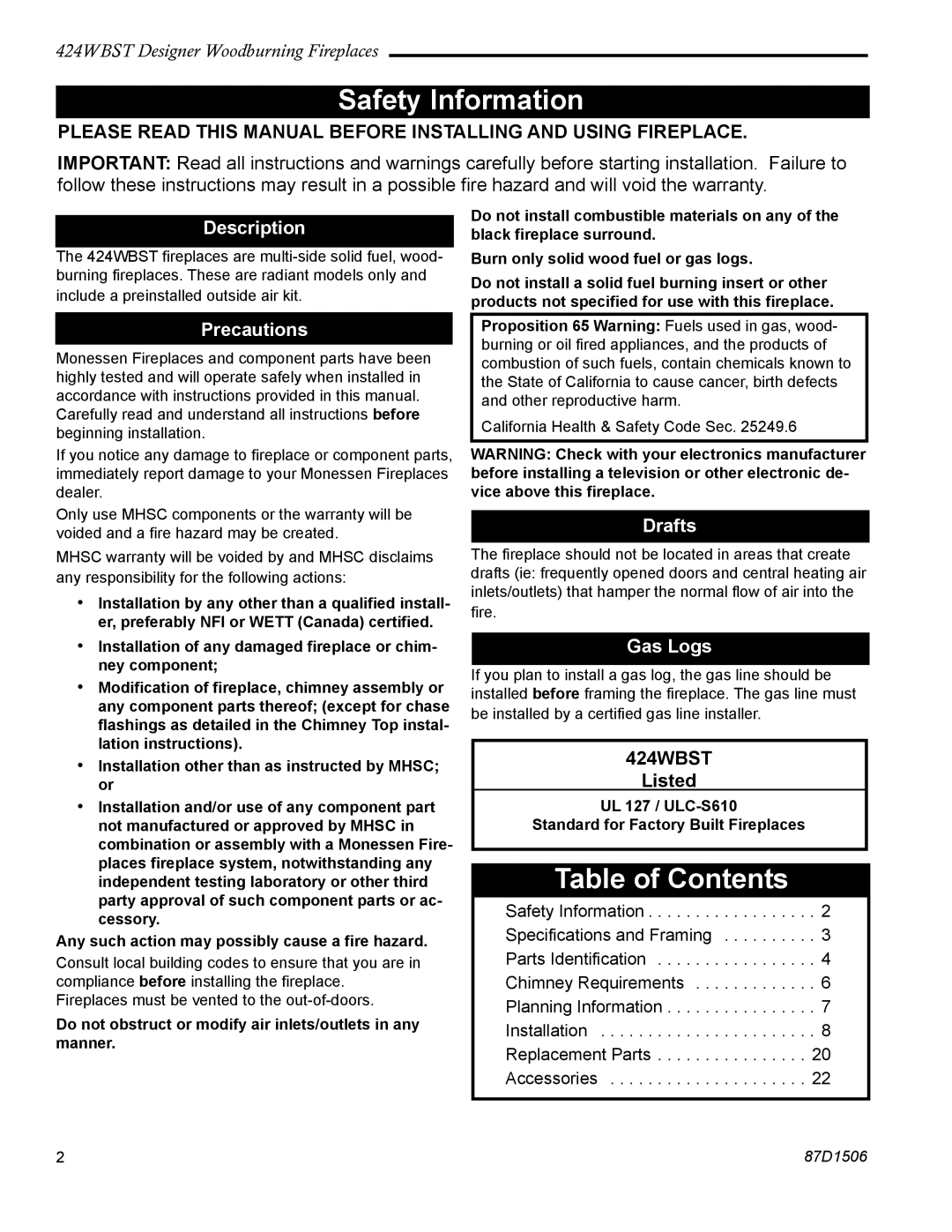 Monessen Hearth 424WBST manual Safety Information, Table of Contents 