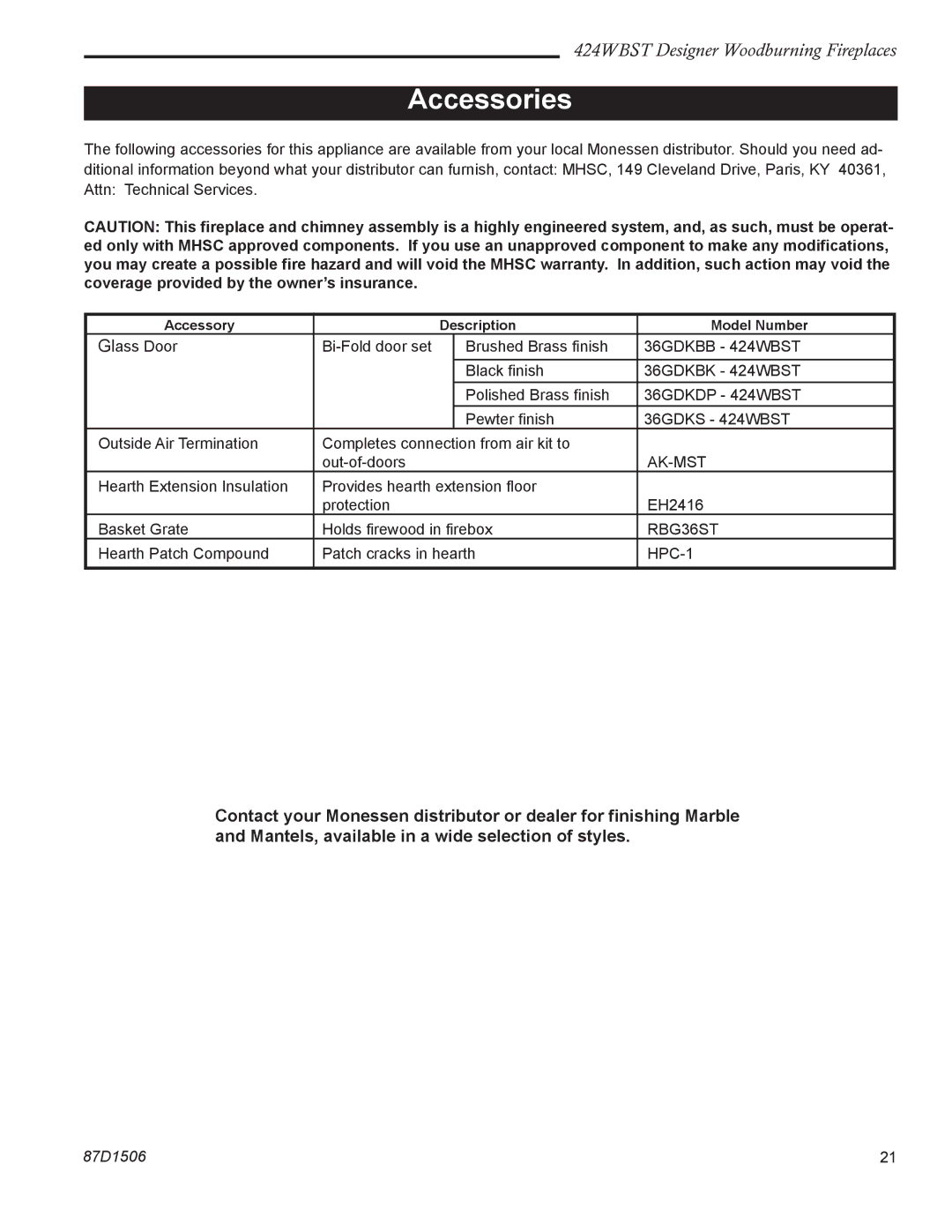 Monessen Hearth manual Accessories, 36GDKDP 424WBST 