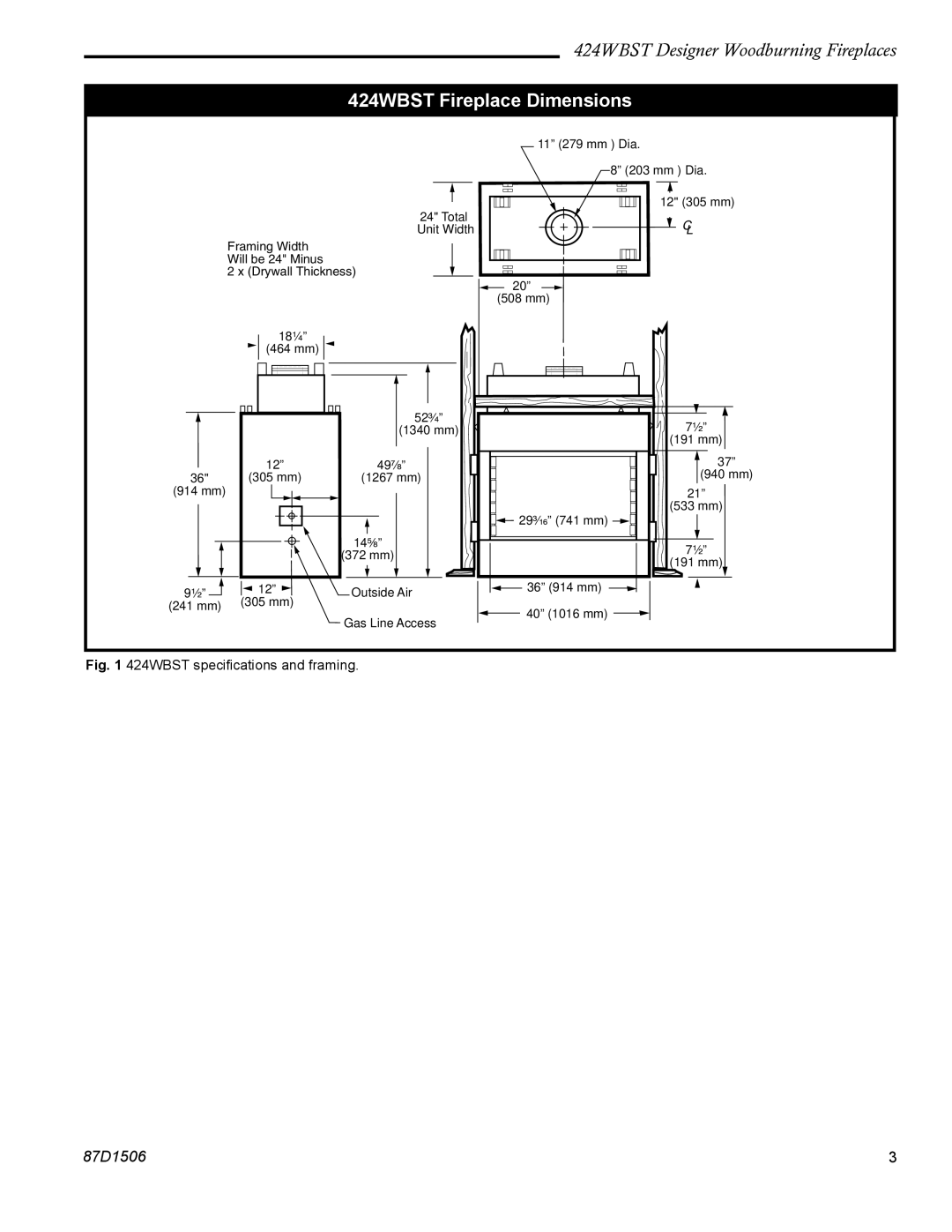 Monessen Hearth manual 424WBST Fireplace Dimensions, 424WBST specifications and framing 